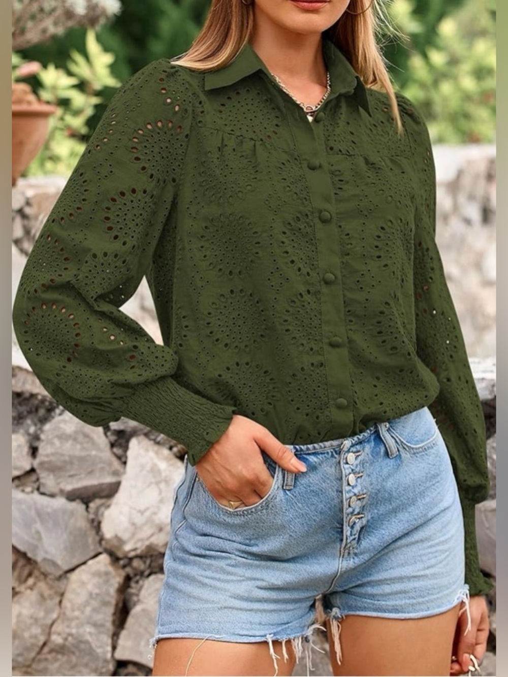 Olive Eyelet Button-Front Blouse, Long Sleeve